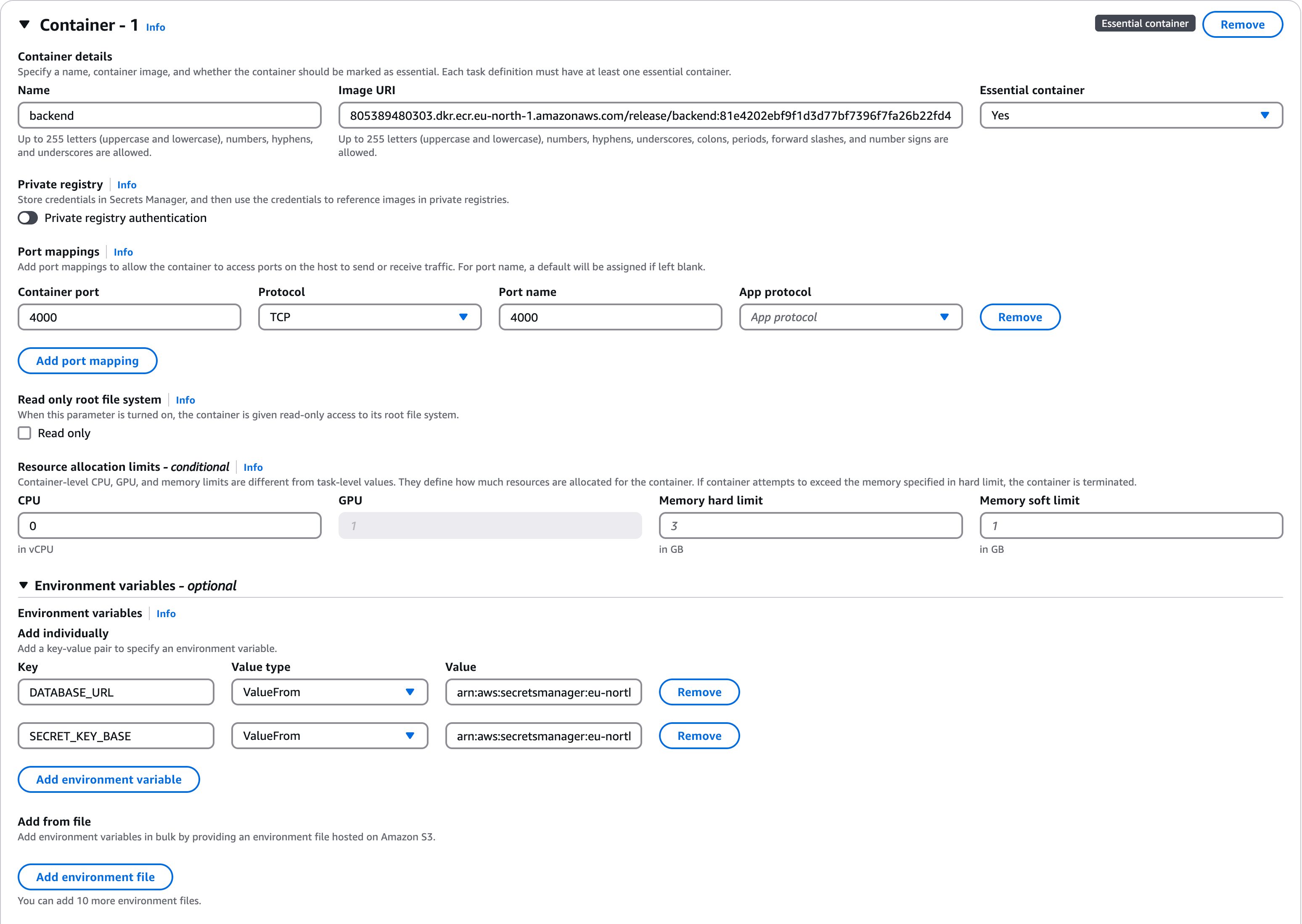 Backend container settings