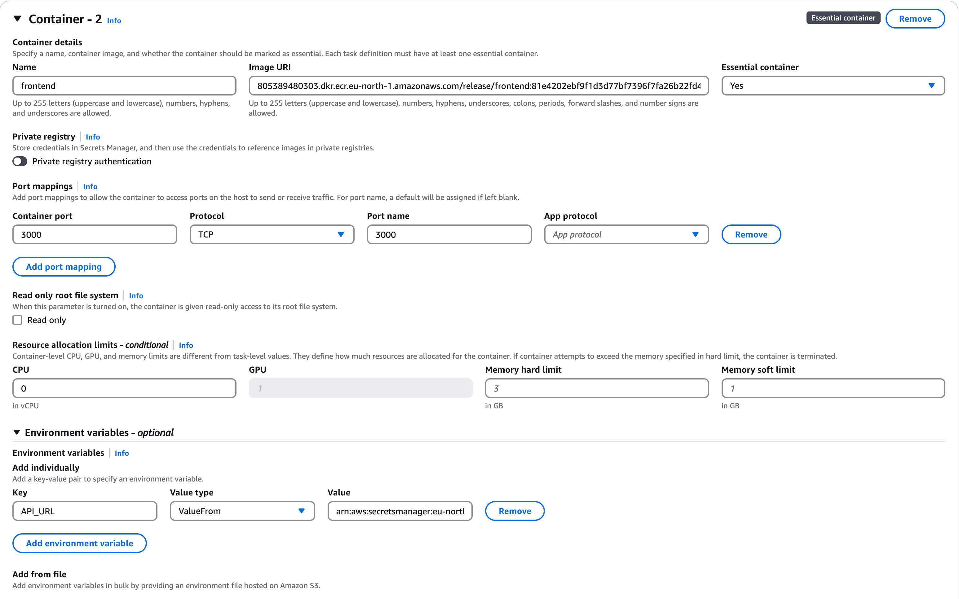 Frontend container settings